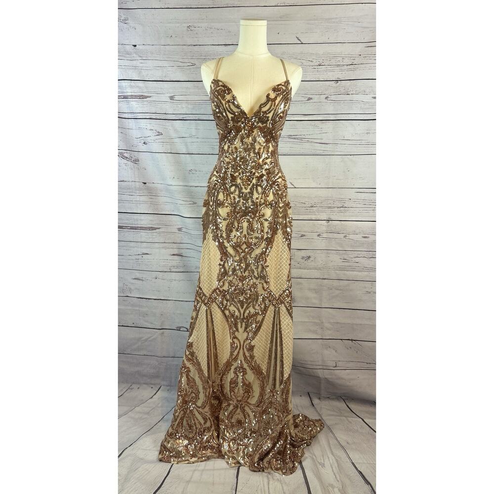 Mori Lee Madeline Garden Rose Gold Sequin Lace Up Back Prom Dress Size 8 - Picture 10 of 11
